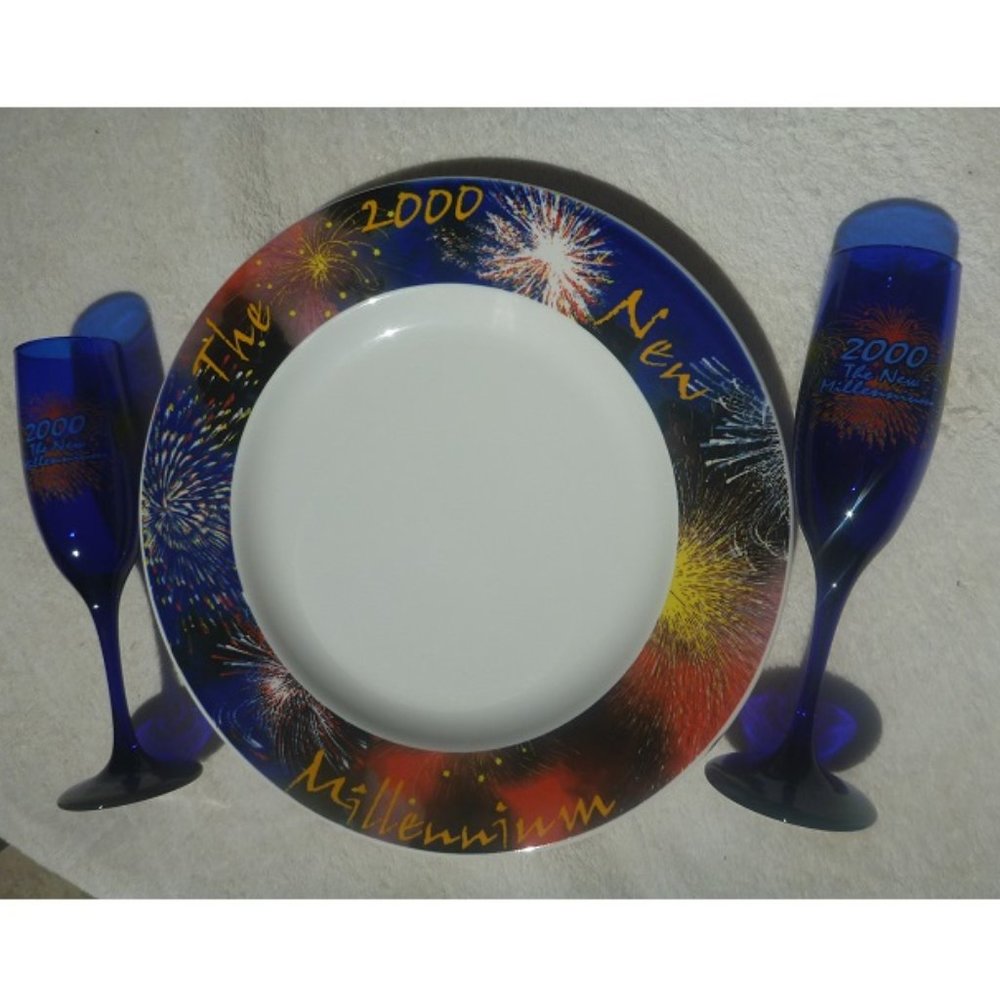 2000 Millennial Cobalt Blue Champagne Glasses and Serving Platter